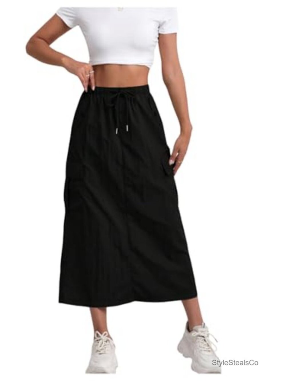 Y2K Long Cargo Skirt with Pockets, Split Hem, Drawstring Waist, A-Line